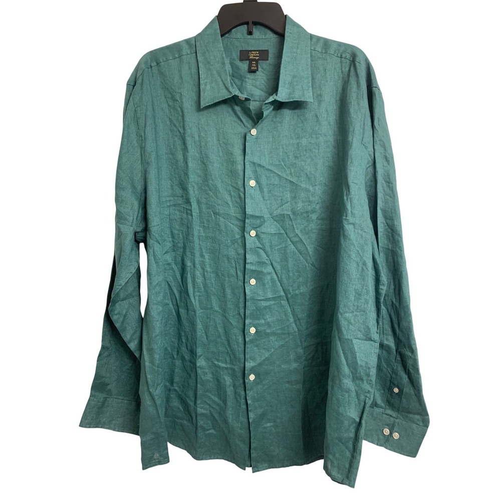 Club Room Luxury 100% Linen Button Down Shirt Teal Green XXL Long Sleeve